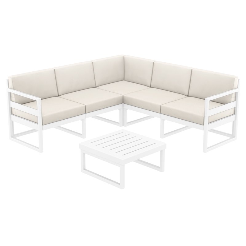 Mykonos Corner Sectional Lounge Set in White with Fabric Natural Cushions