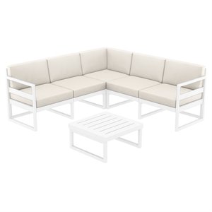 Mykonos Corner Sectional Lounge Set in White with Fabric Natural Cushions