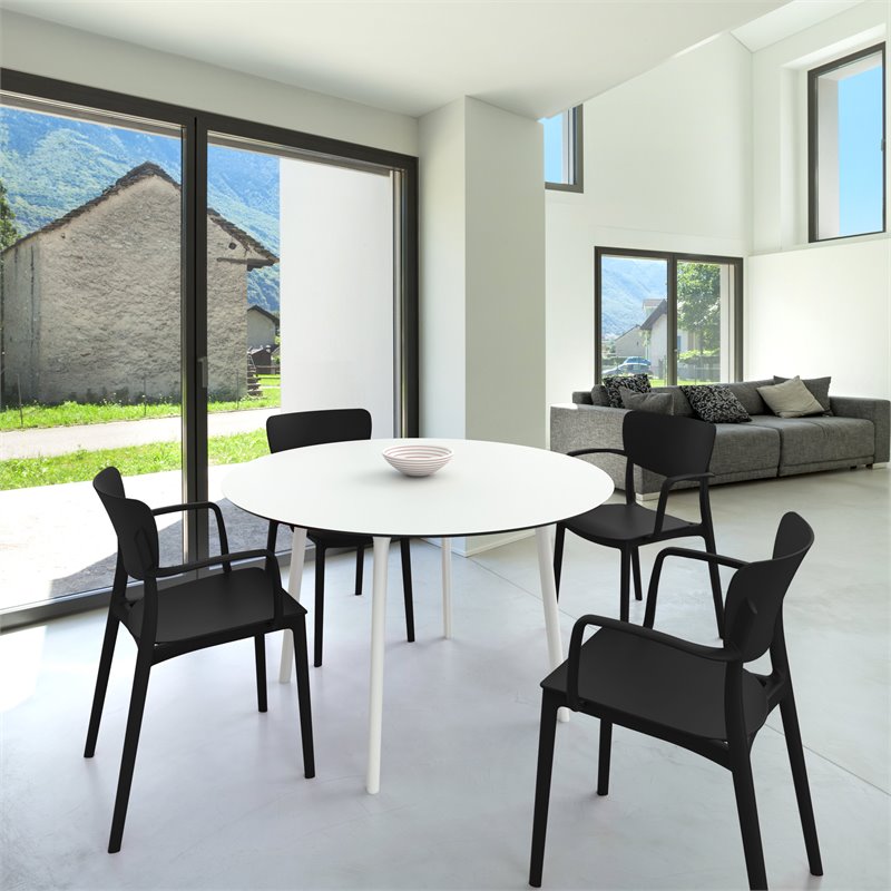 Compamia Lisa Round Dining Set with 47 inch White Table and Black Armcairs