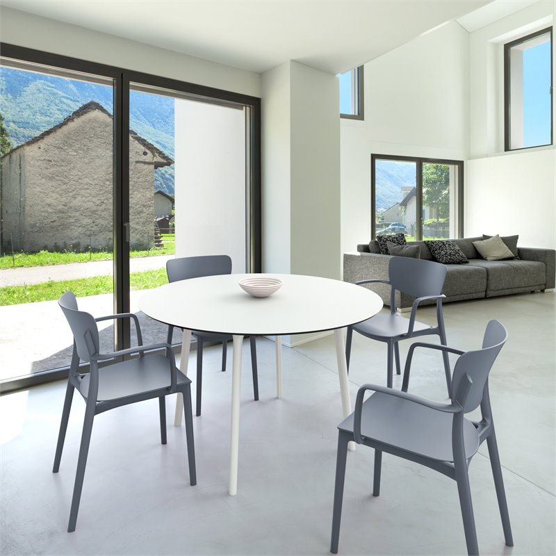 Compamia Lisa Round Dining Set with 47 inch White Table and Dark Gray Armcairs