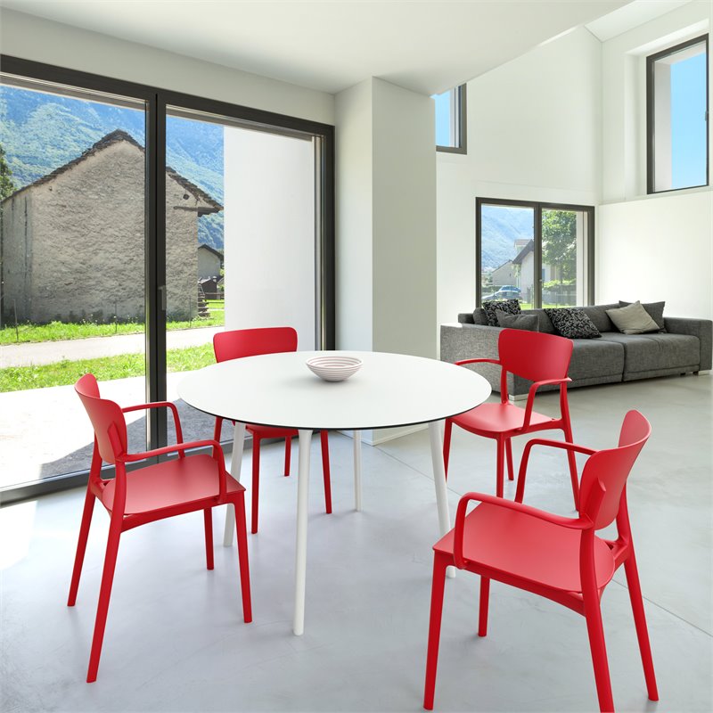 Compamia Lisa Round Dining Set with 47 inch White Table and Red Armcairs