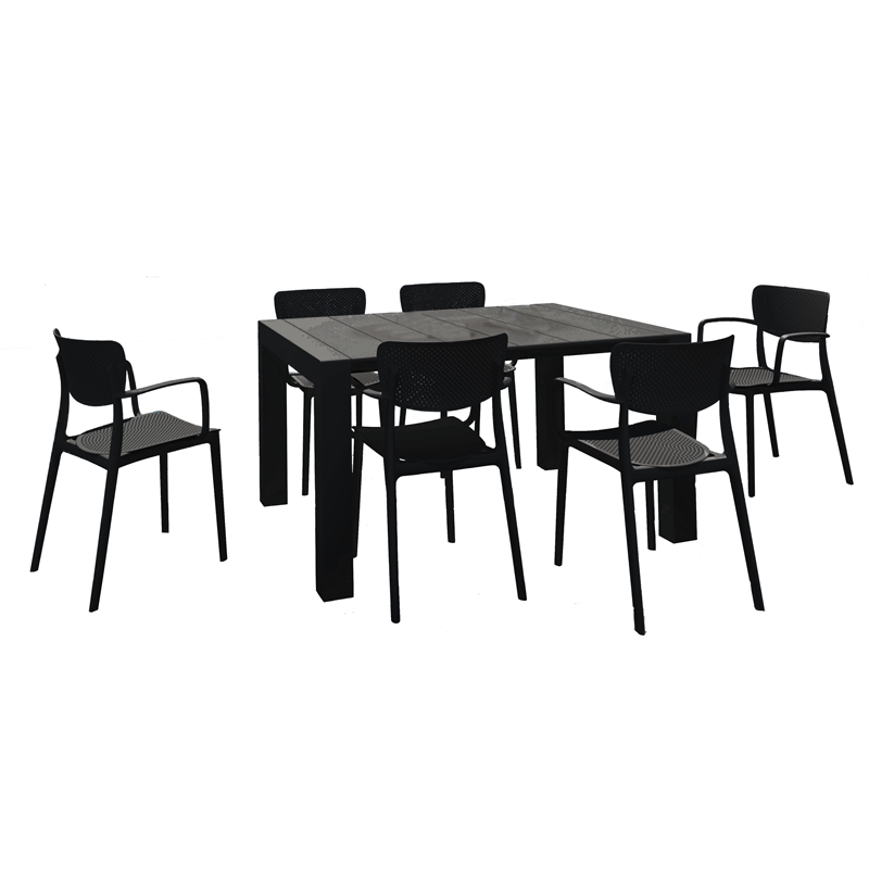 Loft Outdoor Dining Set with 6 Arm Chairs and 55 inch Extension Table Black