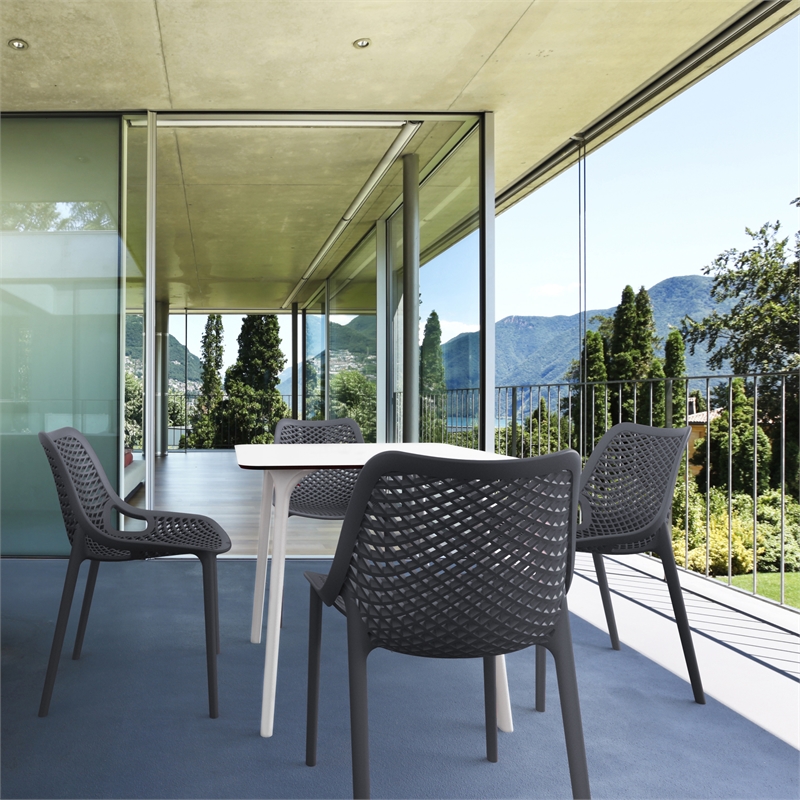Compamia Air Maya Square Dining Set with White Table and 4 Dark Gray Chairs