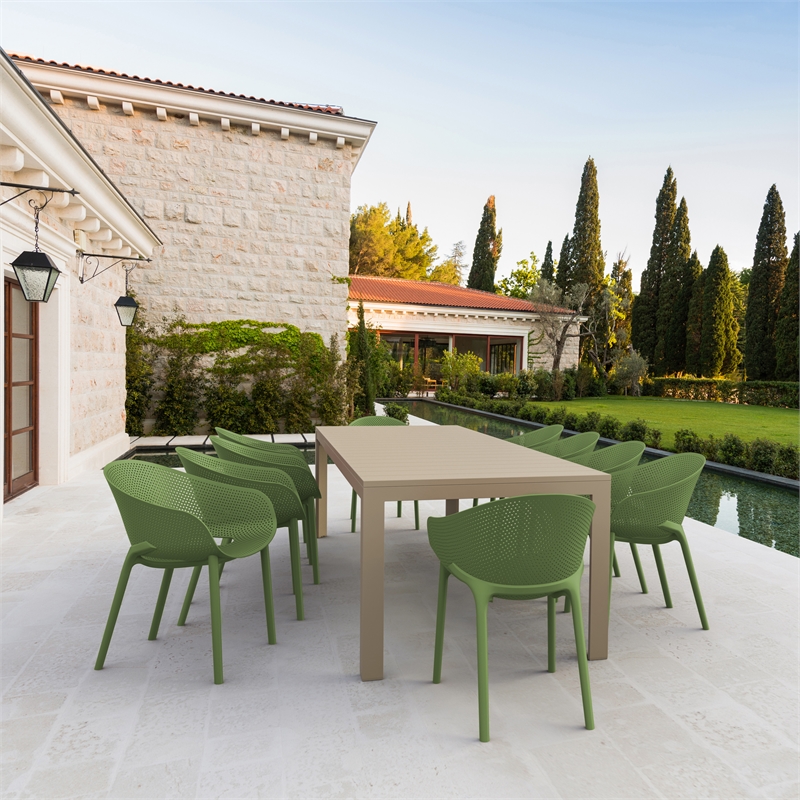 Compamia Sky Pro 11-Piece Polypropylene Resin Dining Set in Taupe/Olive Green