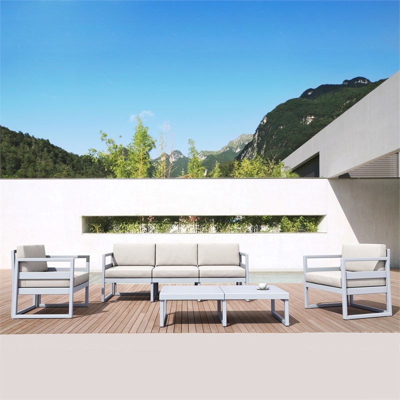 Compamia Mykonos Patio Sofa in Silver finish with Natural Cushions