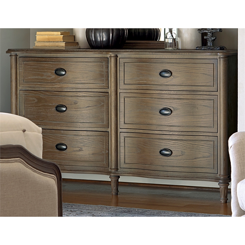 Universal Furniture Curved Wood Front 6 Drawer Dresser in Antiqued Grey Oak