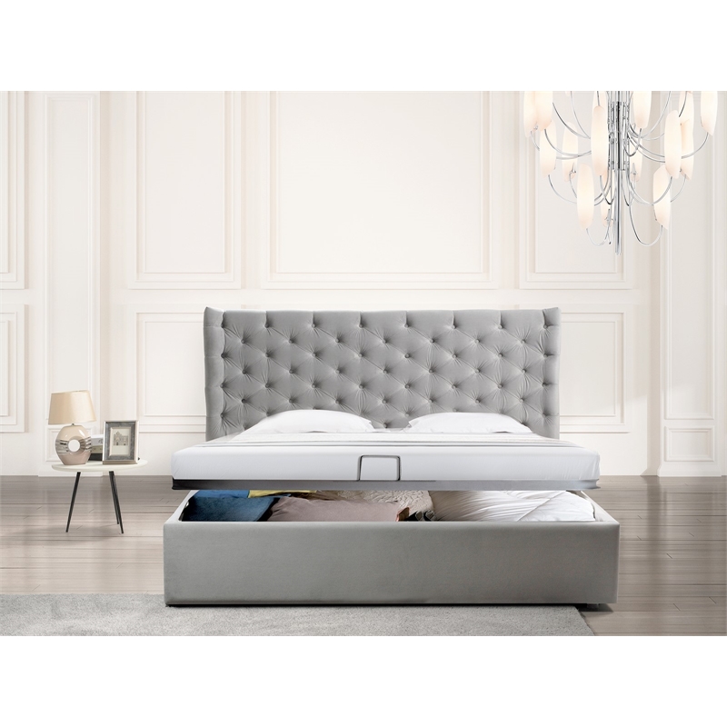 Casabianca Furniture Parker Queen Storage Bed in Gray Velvet Fabric