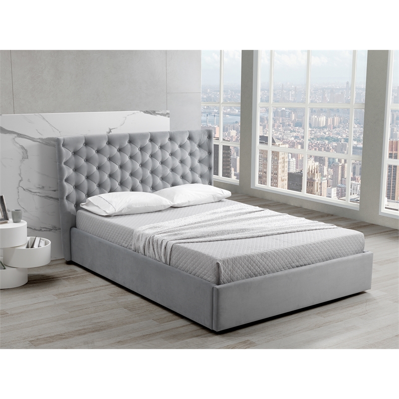 Casabianca Furniture Parker Queen Storage Bed in Gray Velvet Fabric