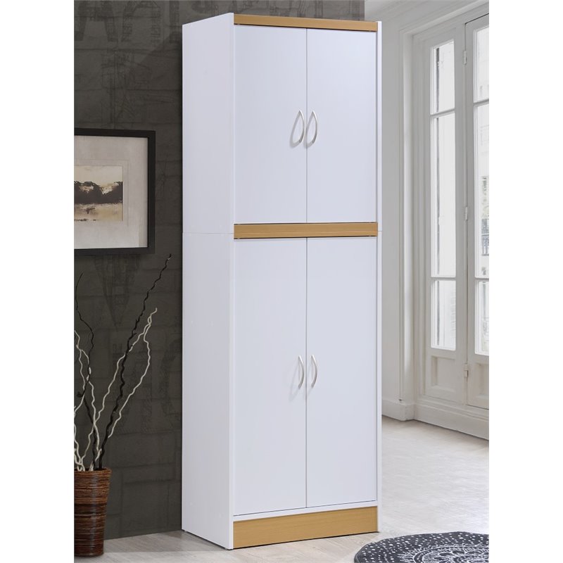 Hodedah 4 Door Kitchen Pantry with 4 Shelves 5 Compartments in White Wood