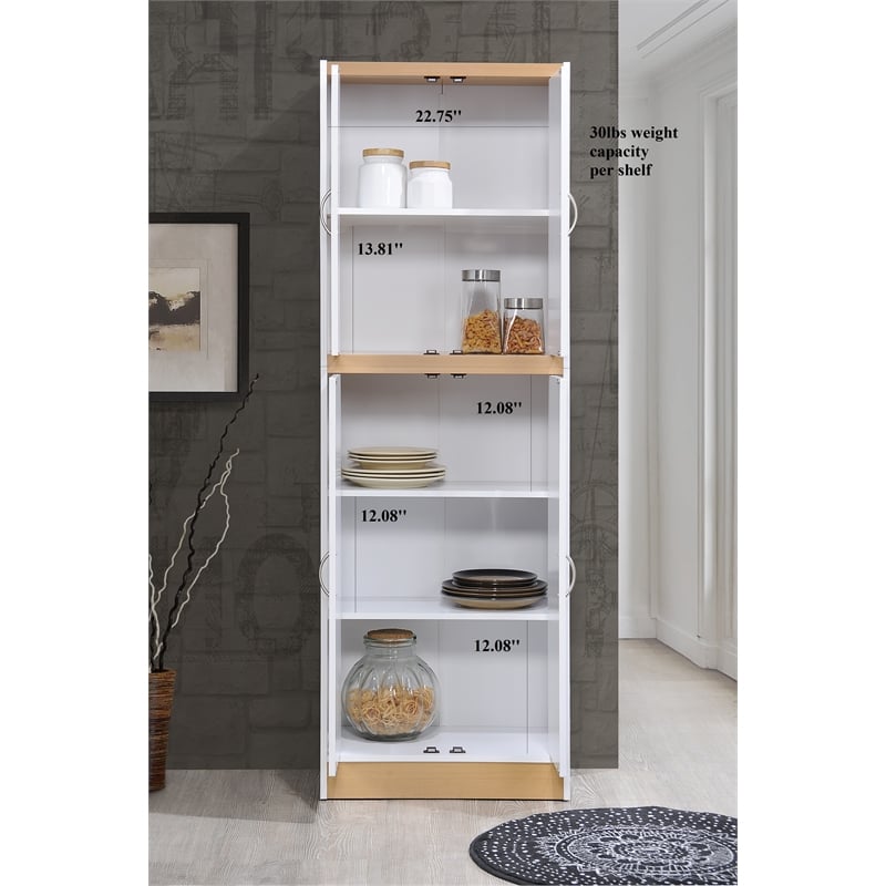 Hodedah 4 Door Kitchen Pantry with 4 Shelves 5 Compartments in White Wood