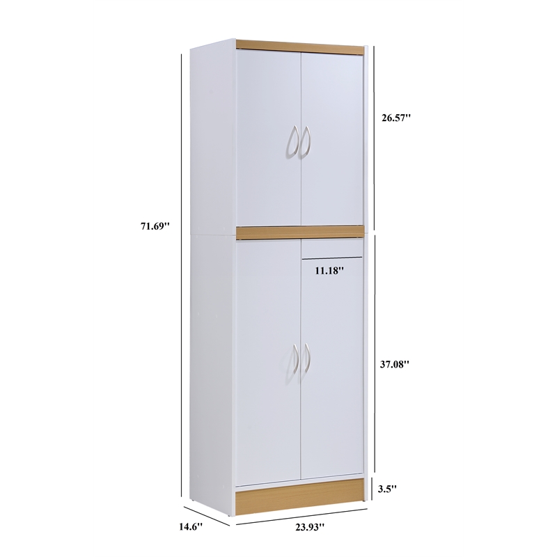 Hodedah 4 Door Kitchen Pantry with 4 Shelves 5 Compartments in White Wood