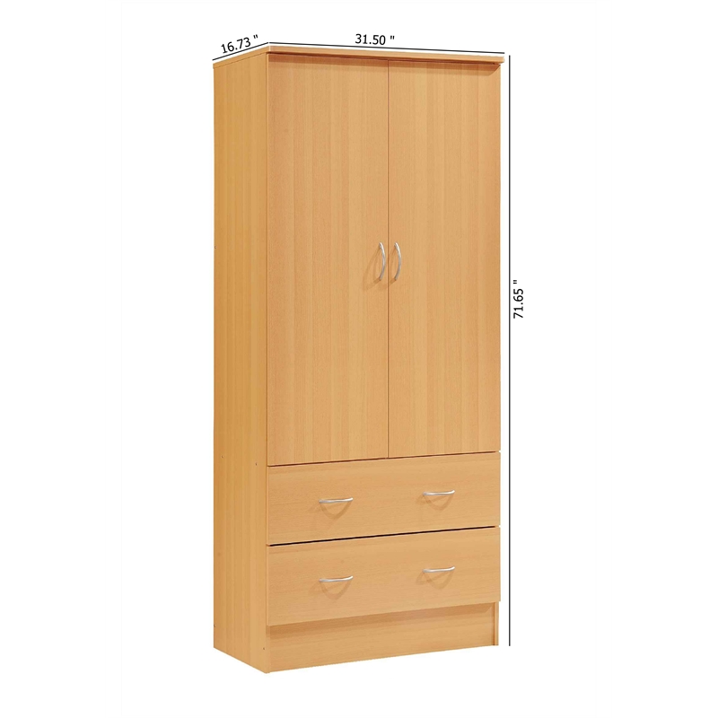 Hodedah 2 Door Armoire with 2 Drawers and Clothing Rod in Beige Wood