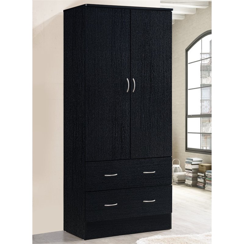 Hodedah 2 Door Armoire with 2 Drawers and Clothing Rod in Black Wood