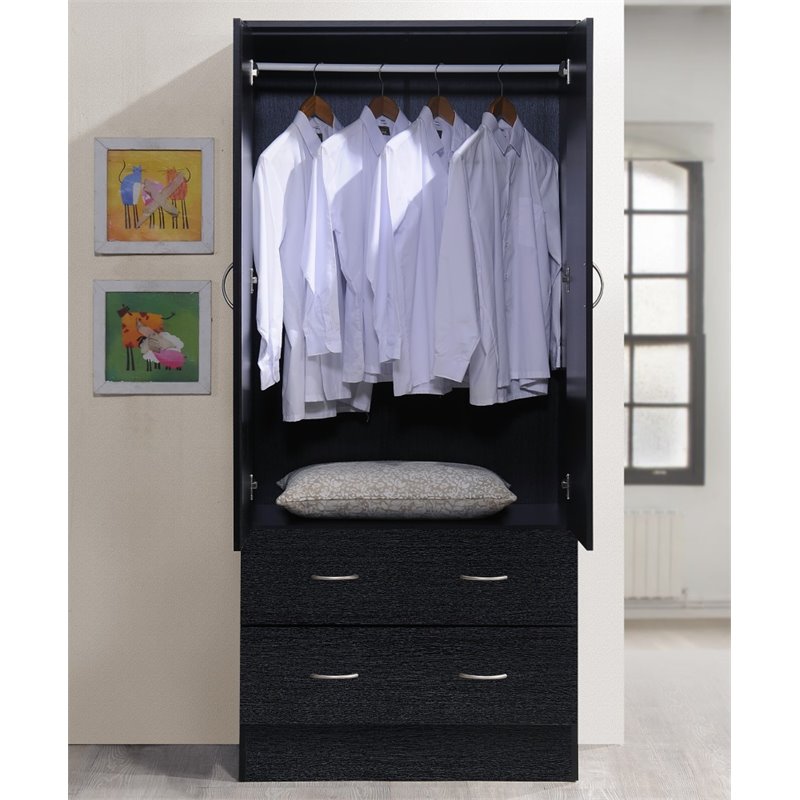 Hodedah 2 Door Armoire with 2 Drawers and Clothing Rod in Black Wood
