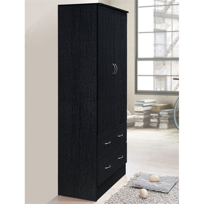 Hodedah 2 Door Armoire with 2 Drawers and Clothing Rod in Black Wood