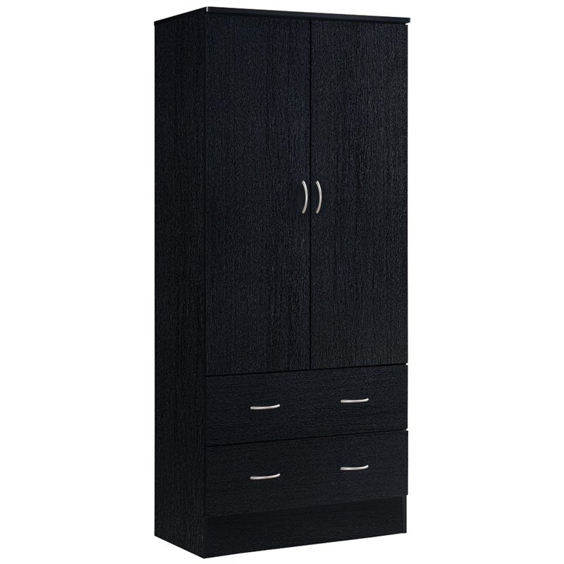 Hodedah 2 Door Armoire with 2 Drawers and Clothing Rod in Black Wood