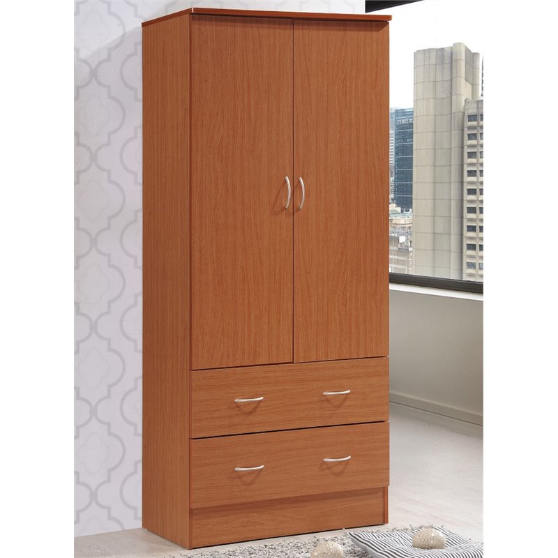 Hodedah 2 Door Armoire with 2 Drawers and Clothing Rod in Cherry Wood