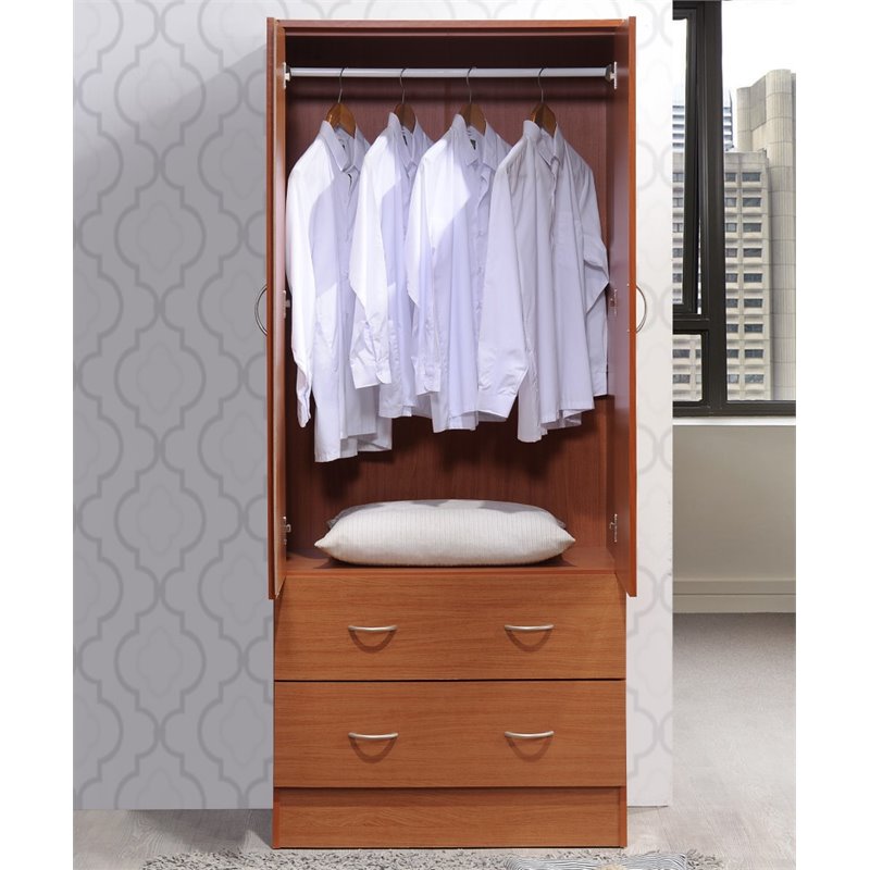 Hodedah 2 Door Armoire with 2 Drawers and Clothing Rod in Cherry Wood