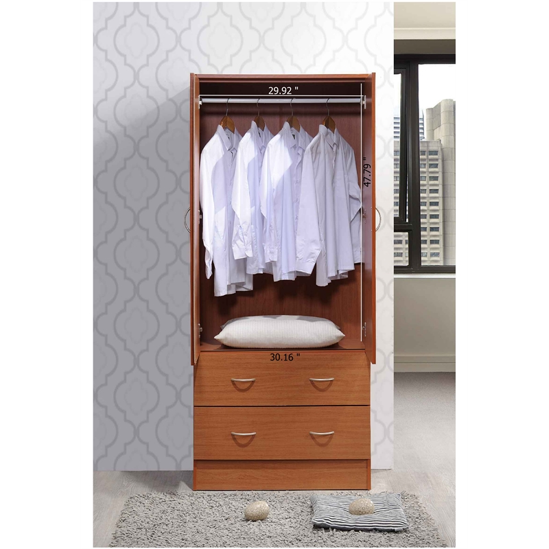 Hodedah 2 Door Armoire with 2 Drawers and Clothing Rod in Cherry Wood