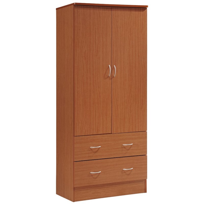 Hodedah 2 Door Armoire with 2 Drawers and Clothing Rod in Cherry Wood