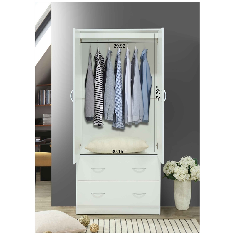Hodedah 2 Door Armoire with 2 Drawers and Clothing Rod in White Wood