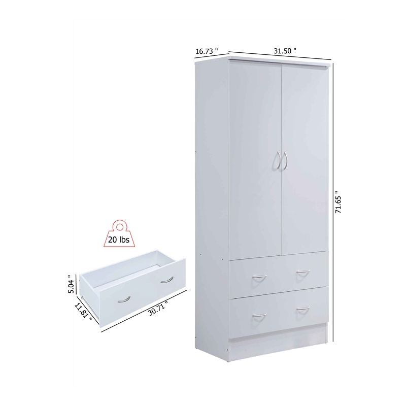 Hodedah 2 Door Armoire with 2 Drawers and Clothing Rod in White Wood