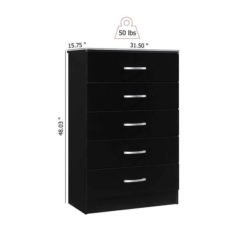 Hodedah Five Drawer Contemporary Wooden Chest in Black Finish