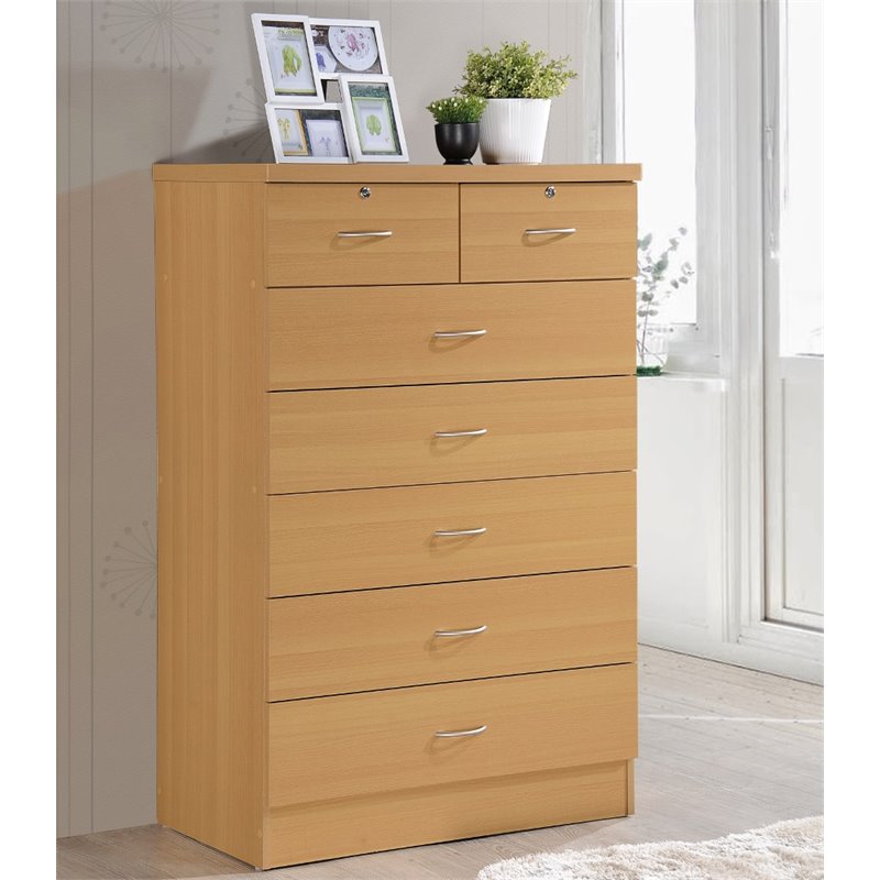 Hodedah 7 Drawer Chest with Locks on 2 Top Drawers in Beige Wood