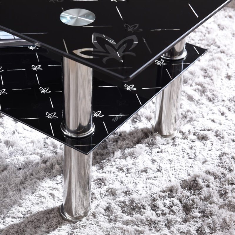 Hodedah Tempered Glass Coffee Table in Black Finish with Stainless Steel Legs