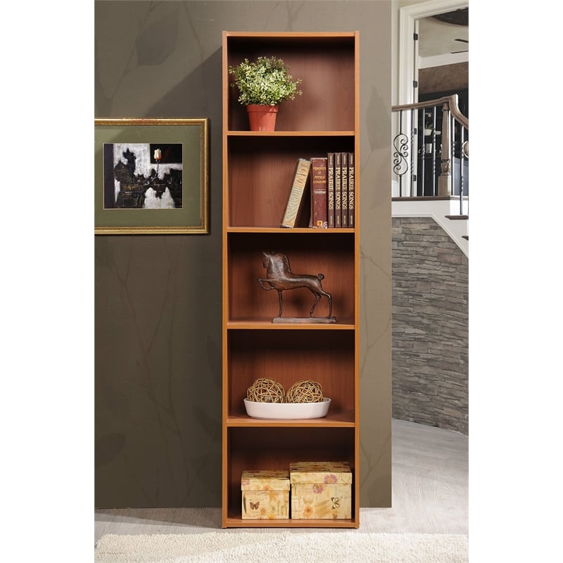 Hodedah Five Shelf Multi-Purpose Wooden Bookcase in Cherry Finish