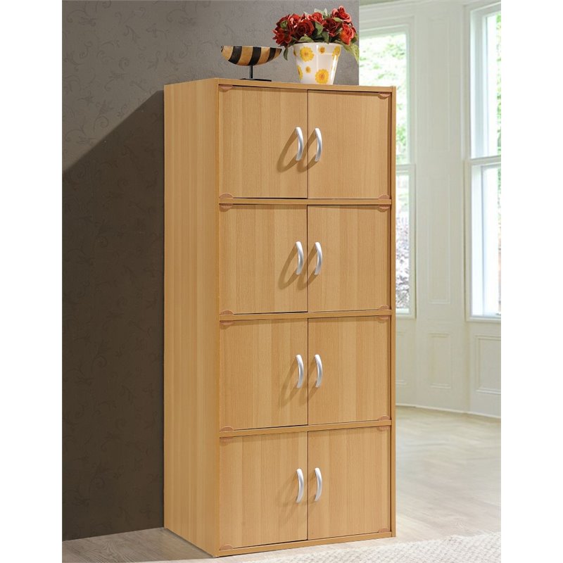 Hodedah 4 Shelf 8 Door Versatil Wooden Bookcase Cabinet in Beige Finish