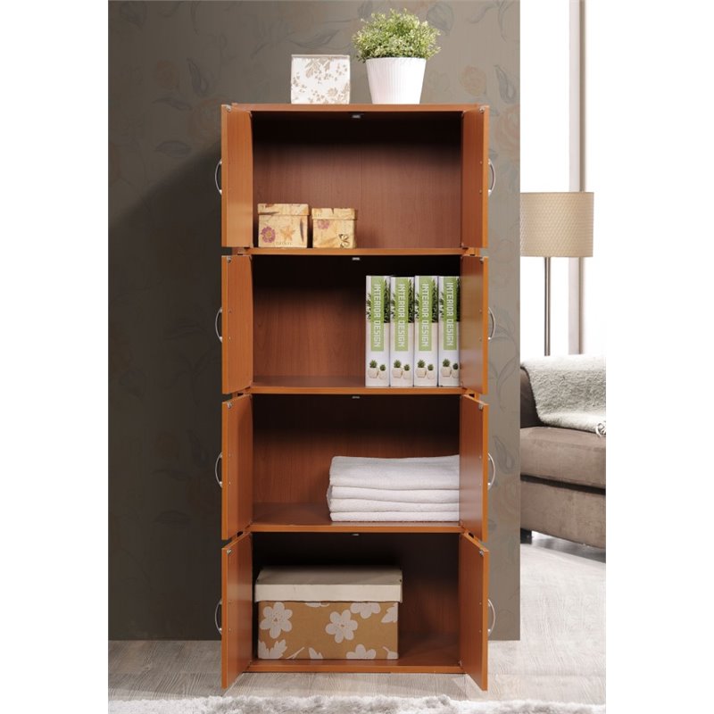 Hodedah 4 Shelf 8 Door Versatil Wooden Bookcase Cabinet in Cherry Finish