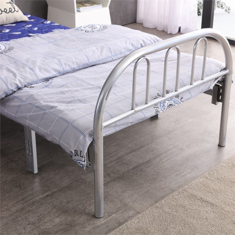 Hodedah Folding Bed with Headboard-Footboard and Metal Frame in Silver Finish