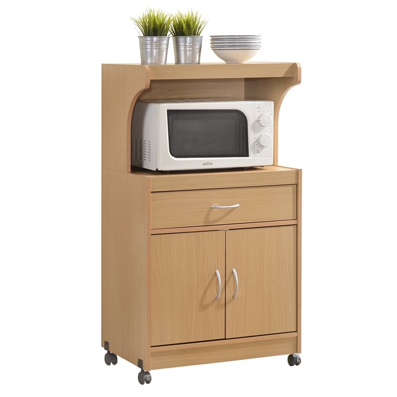Hodedah Microwave Contemporary Wooden Kitchen Cart in Beige Finish