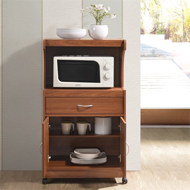 Hodedah Microwave Contemporary Wooden Kitchen Cart in Cherry Finish