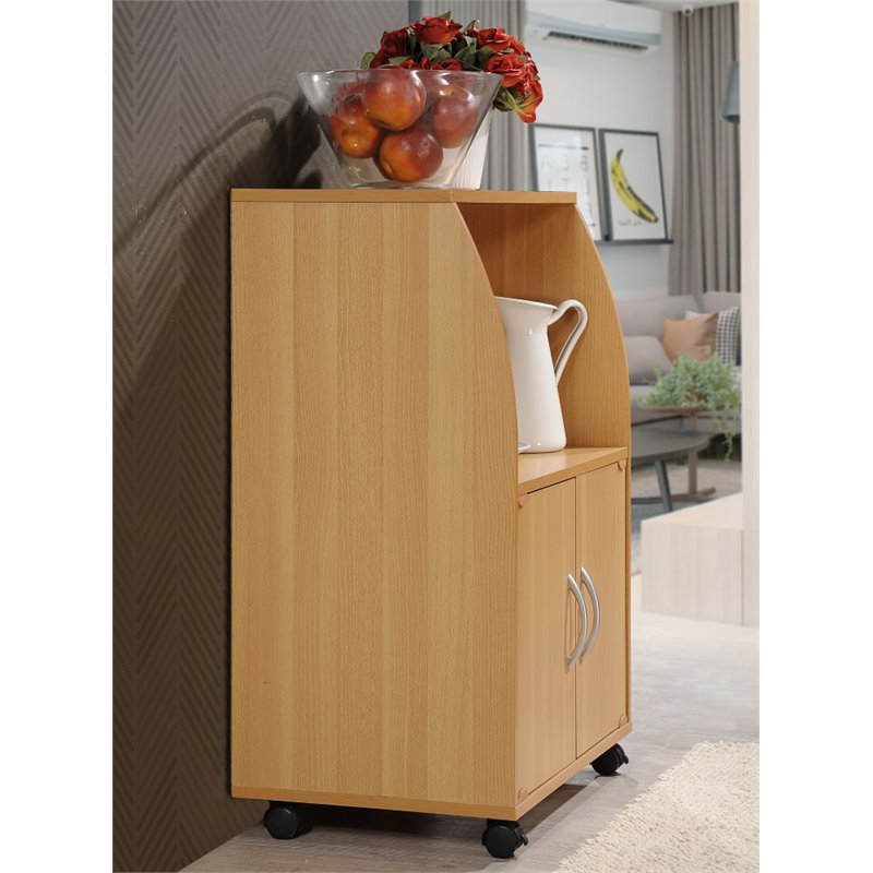Hodedah Modern Wooden Microwave Kitchen Cart in Beige Finish