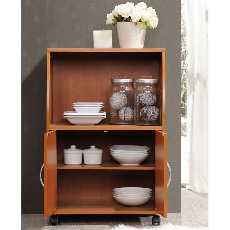 Hodedah Modern Wooden Microwave Kitchen Cart in Cherry Finish
