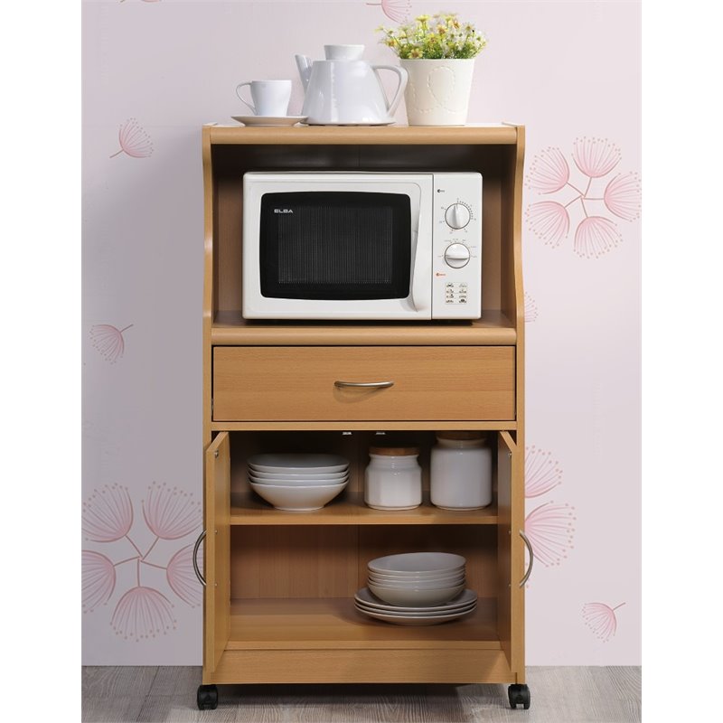 Hodedah Microwave Contemporary Wooden Kitchen Cart in Beige Finish