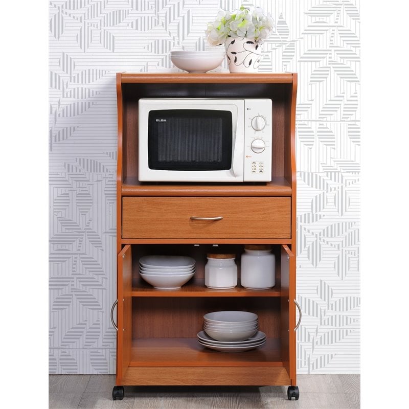 Hodedah Microwave Contemporary Wooden Kitchen Cart in Cherry Finish