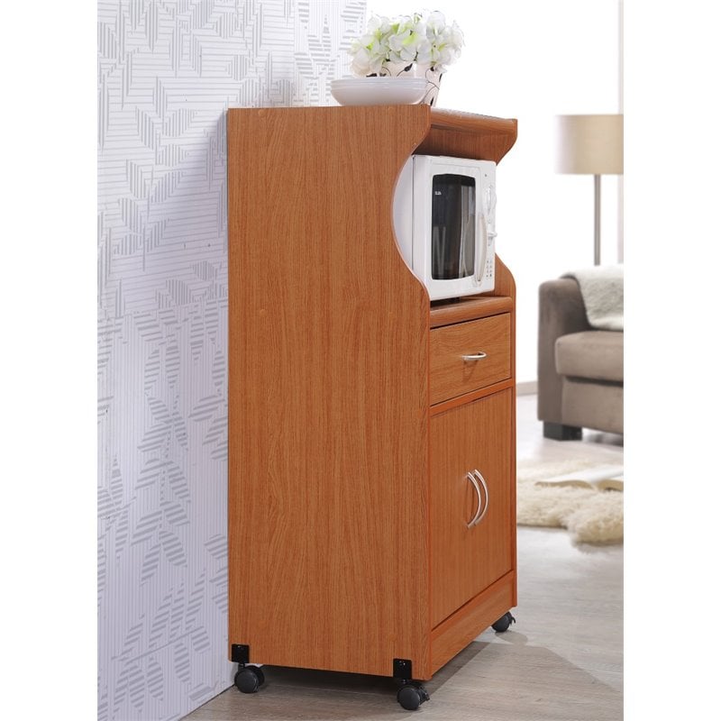 Hodedah Microwave Contemporary Wooden Kitchen Cart in Cherry Finish