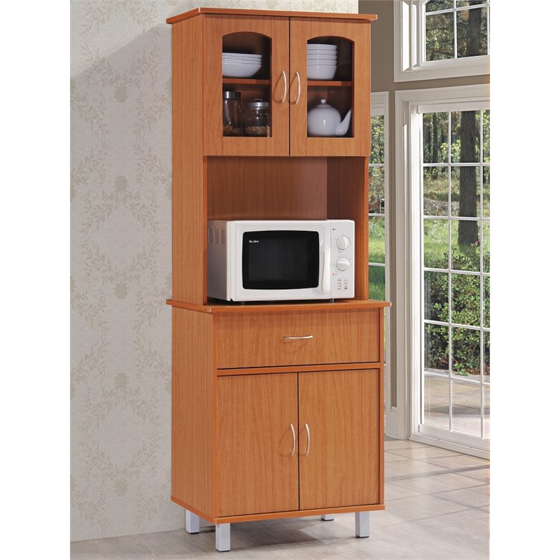 Hodedah Kitchen China with 4-Door 1-Drawer and Microwave Space in Cherry Wood
