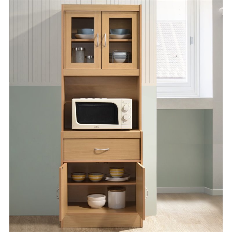 Hodedah Kitchen Cabinet with 1 Drawer plus Space for Microwave in Beige Wood