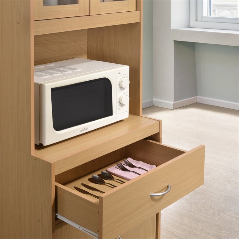 Hodedah Kitchen Cabinet with 1 Drawer plus Space for Microwave in Beige Wood