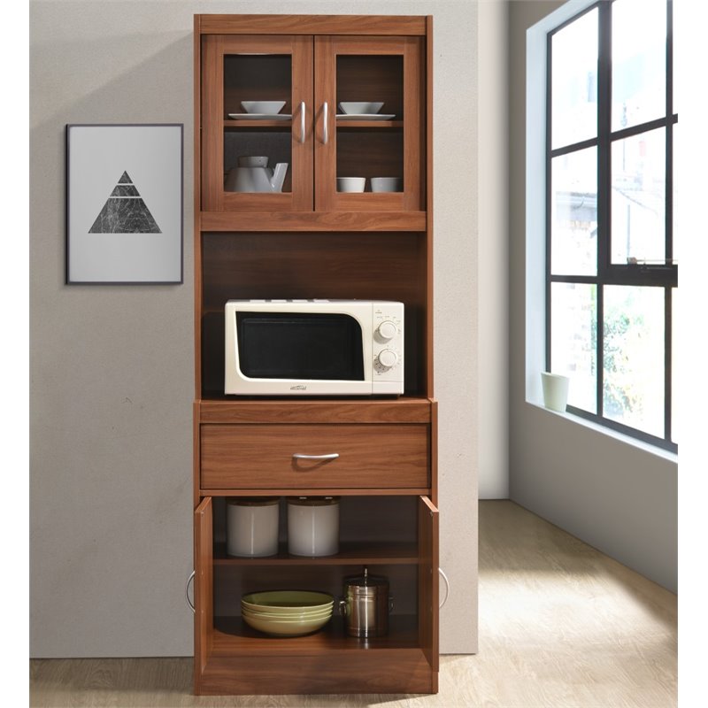 Hodedah Kitchen Cabinet with 1 Drawer plus Space for Microwave in Cherry Wood