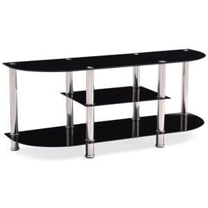 Hodedah 55.1&quot Wide Glass TV Stand with 2 Shelves and Chrome Plated Legs in Black