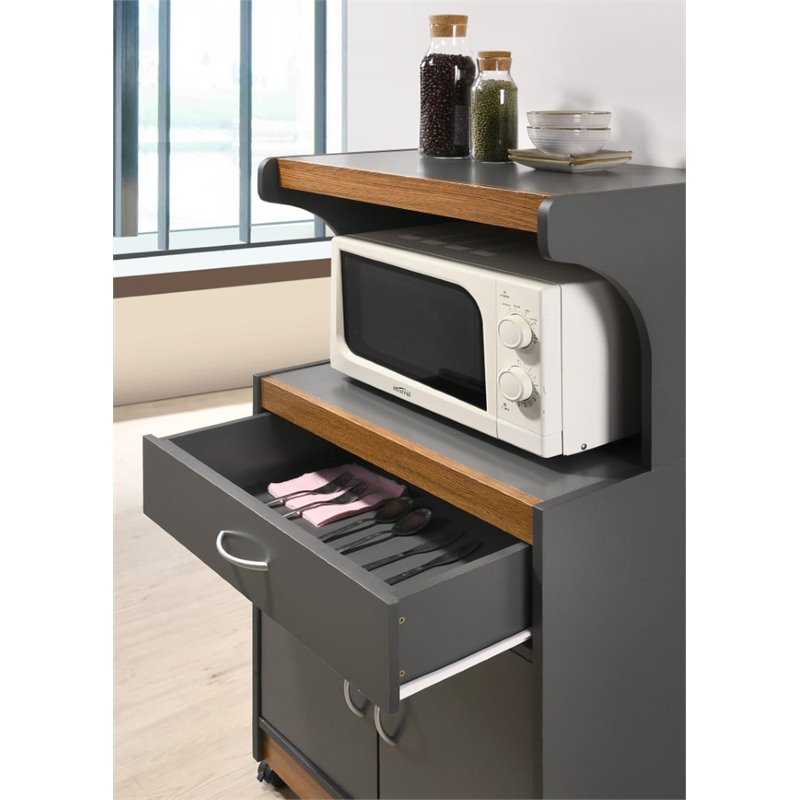 Hodedah Microwave Contemporary Wooden Kitchen Cart in Grey-Oak Finish