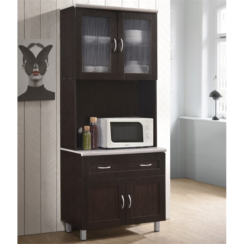 Hodedah Kitchen Cabinet Top and Bottom Enclosed Cabinet Space in Chocolate Wood