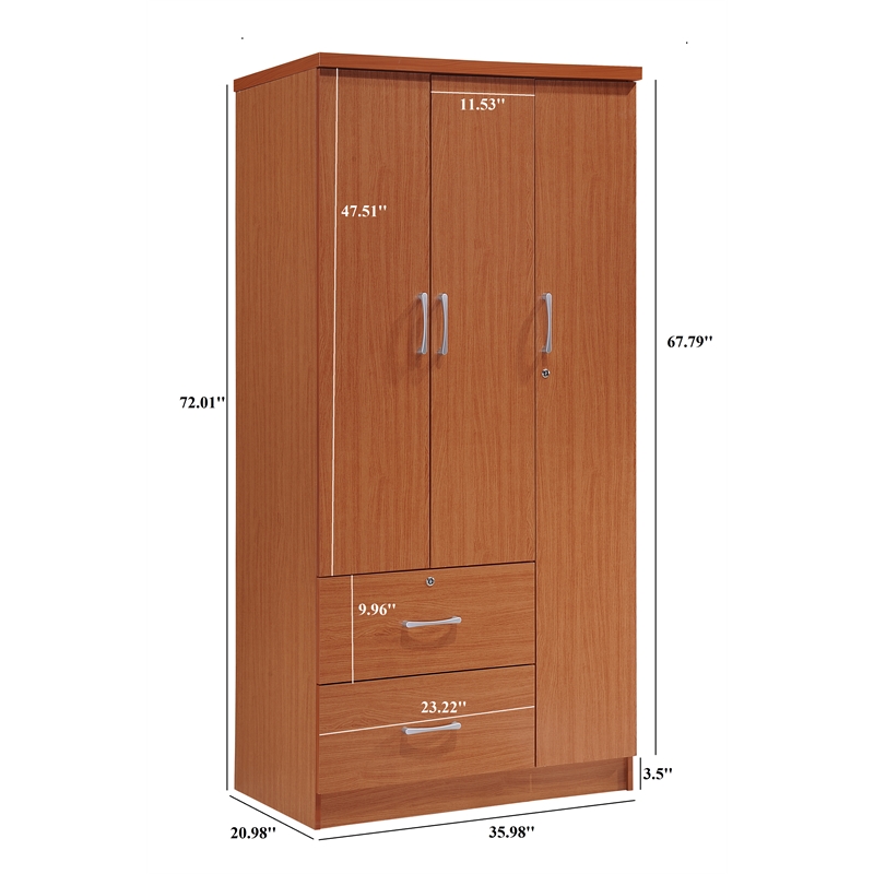 Hodedah 3 Door Armoire with 2 Drawers 3 Shelves in Cherry Wood