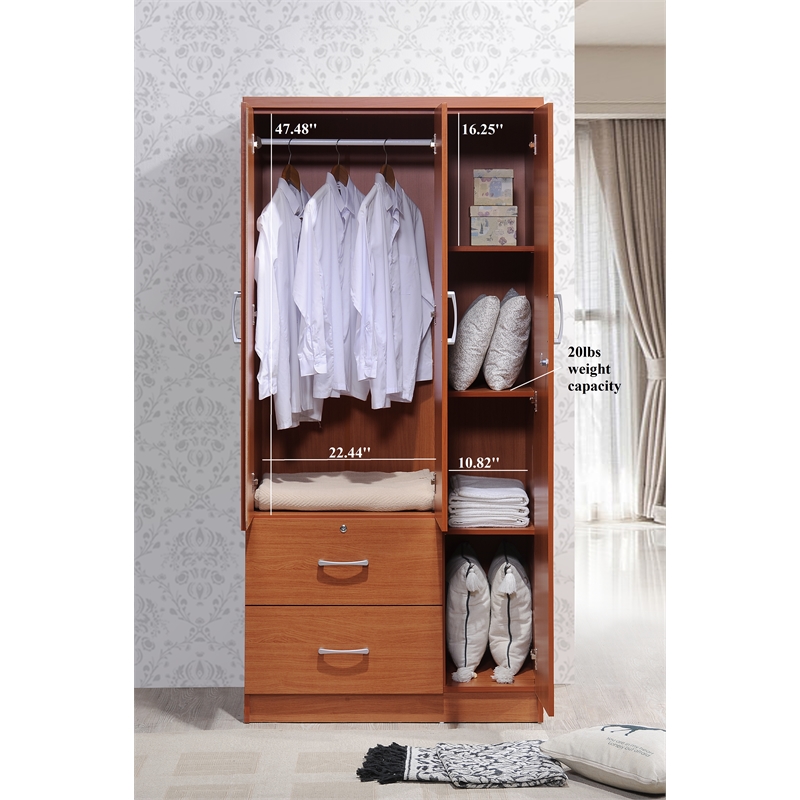 Hodedah 3 Door Armoire with 2 Drawers 3 Shelves in Cherry Wood