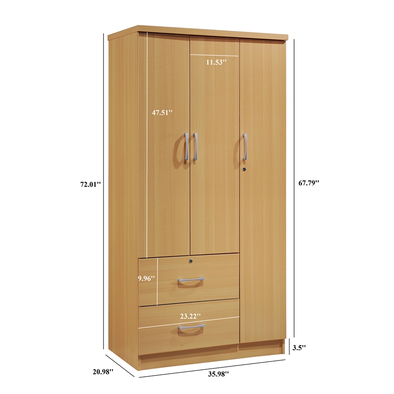 Hodedah 3 Door Armoire with 2 Drawers 3 Shelves in Beige Wood